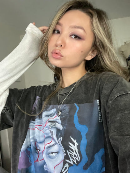 'Feel Something' Short Sleeve Acid Wash Oversized T-Shirt